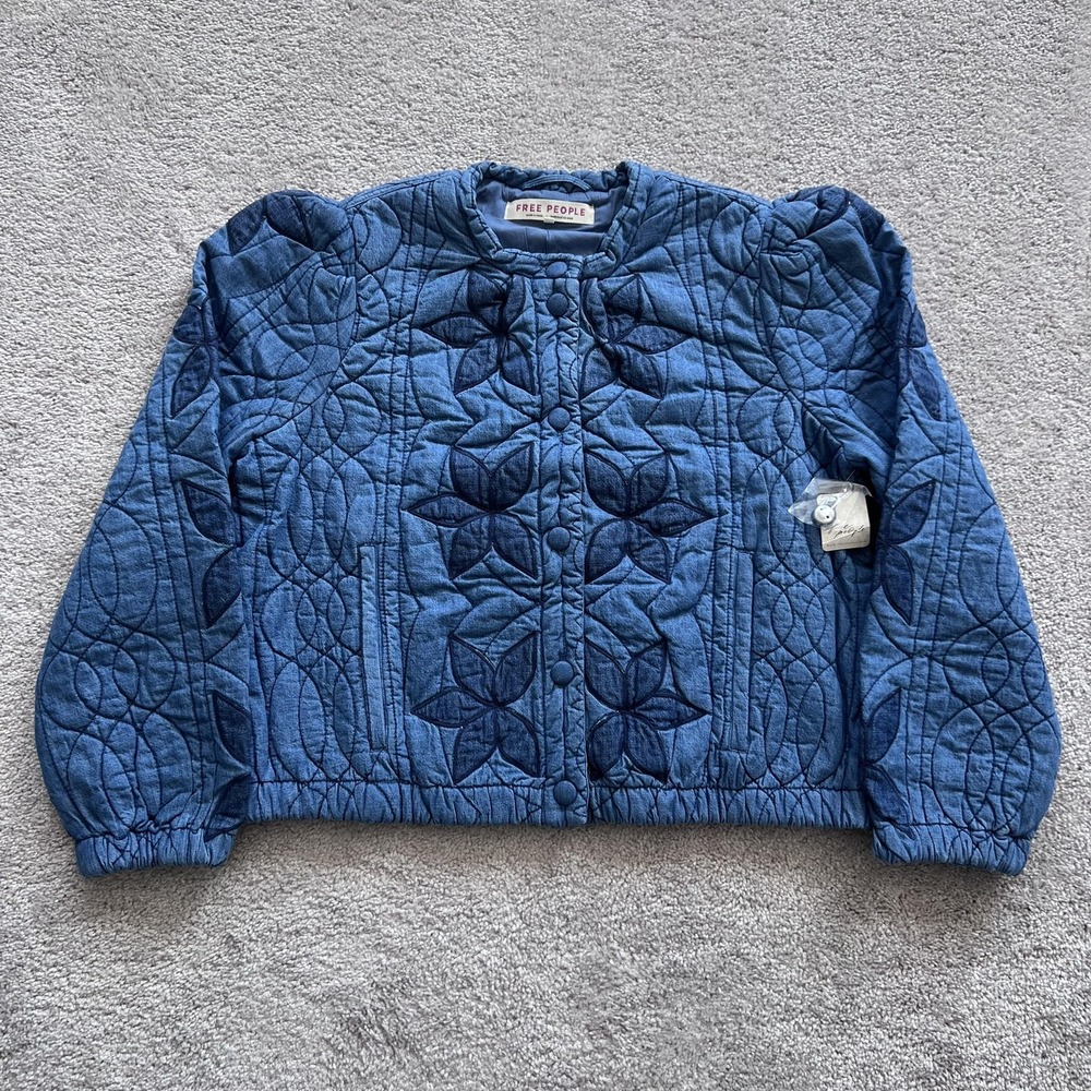 Free People Quinn Quilted Jacket Crop Boxy Star Applique Indigo Denim Womens XL